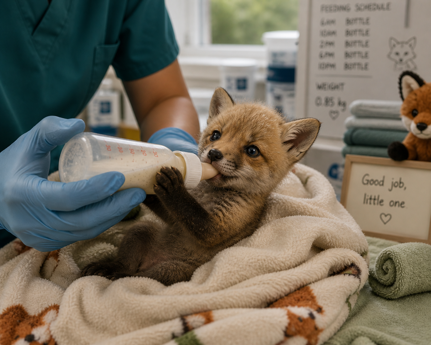 Apple being bottle-fed during early recovery